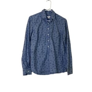 J Crew Women’s Cotton Blue Chambray Shirt, Anchors Nautical Classic, Small